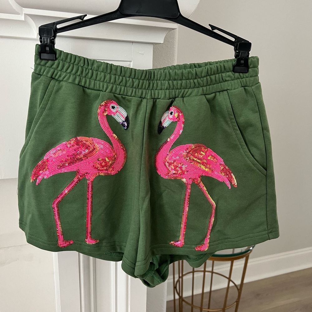 Queen of Sparkles XS Green & Pink Flamingo Shorts NWT